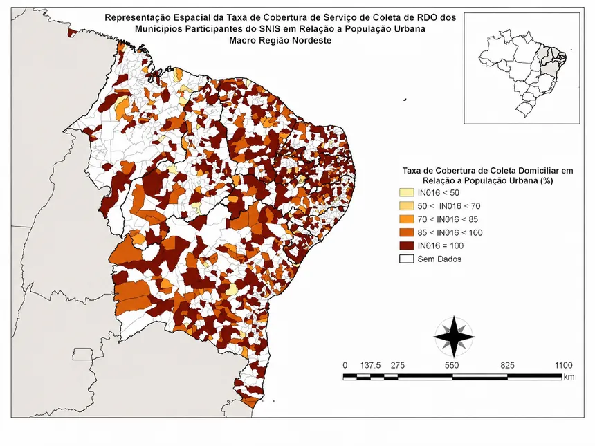 Mapa da taxa de cobertura do serviço de coleta de resíduos domiciliares nos municípios do Nordeste, em classes percentuais.