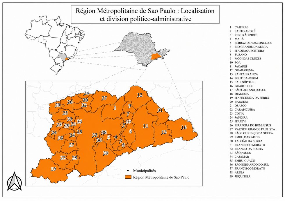 Mapa de localização e divisão político-administrativa da Região Metropolitana de São Paulo, com recortes encadeados e lista numerada de municípios.