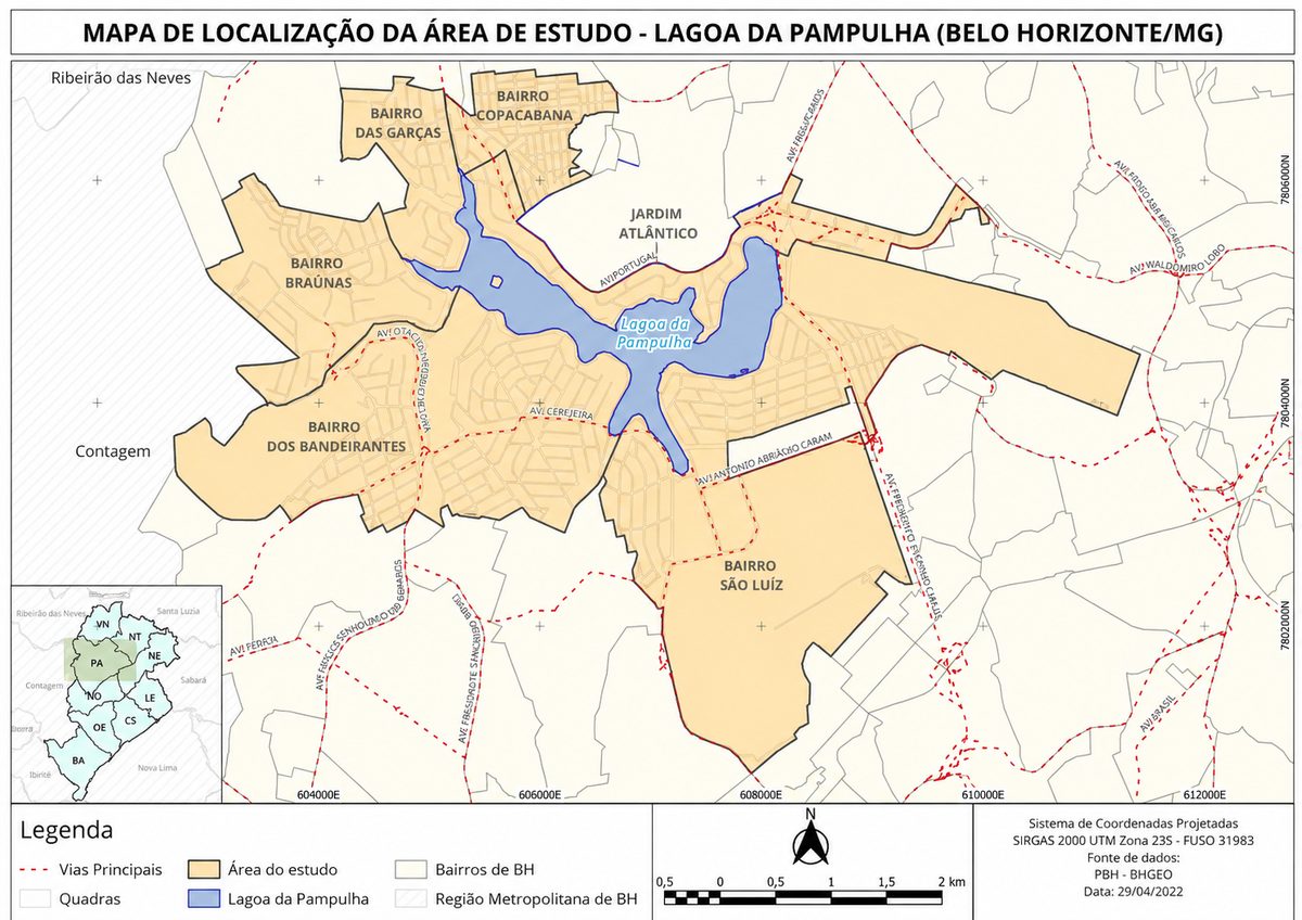 Mapa de localização da área de estudo da Lagoa da Pampulha, em Belo Horizonte, com bairros, vias principais, mapa de situação, legenda, norte e escala.