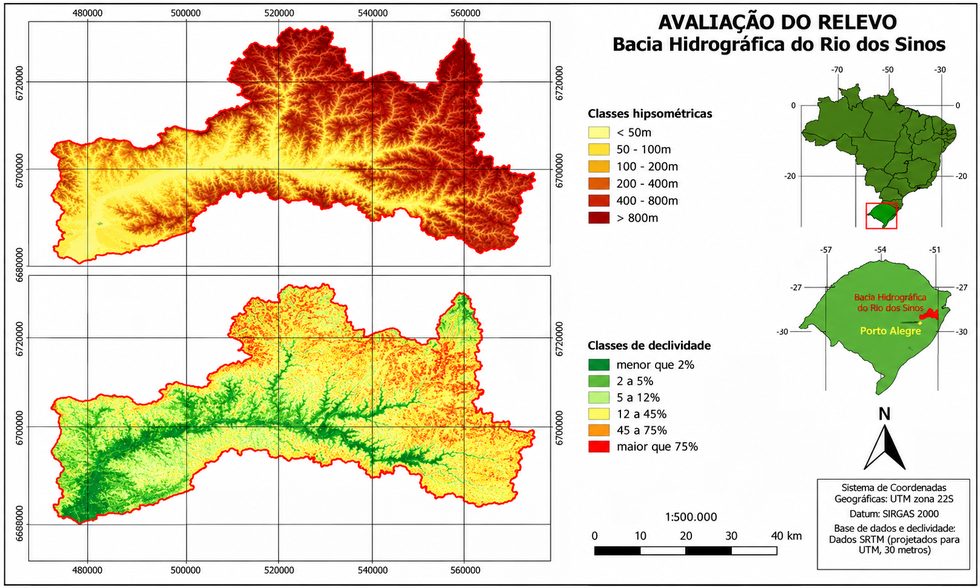 Prancha de avaliação do relevo da bacia hidrográfica do Rio dos Sinos, com classes hipsométricas e classes de declividade em dois mapas.