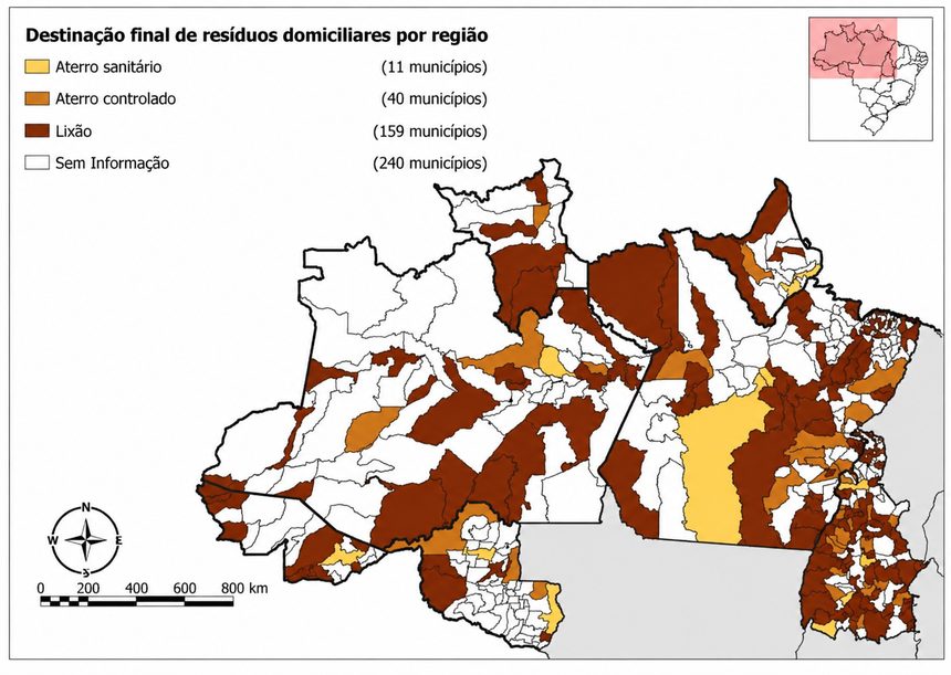 Mapa de destinação final de resíduos domiciliares por município na região Norte, com classes de aterro sanitário, aterro controlado e lixão.