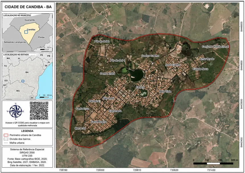 Mapa da cidade de Candiba, na Bahia, com perímetro urbano, divisão de bairros e malha urbana sobre imagem de satélite.